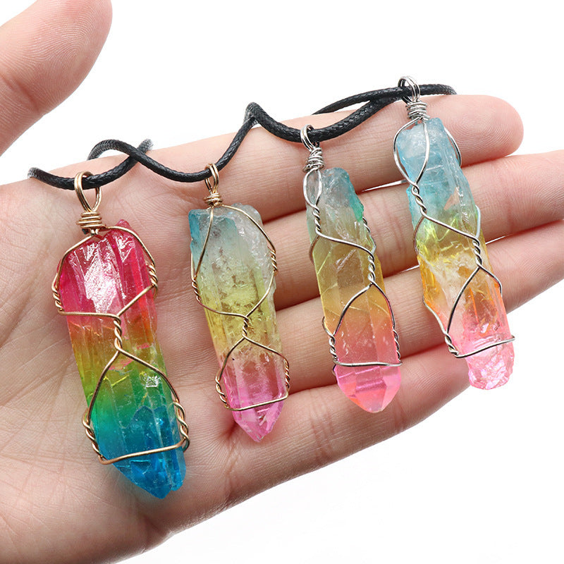 Hot Selling Stone Crystal Pillar Tree Of Life Pendant Ins Fashion Necklace null