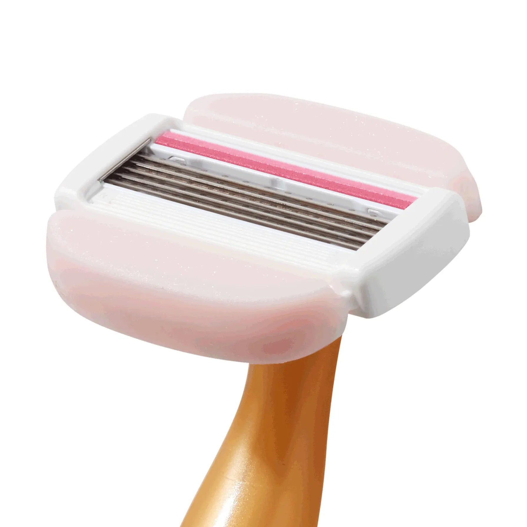 Close-up of BIC Soleil Glide razor showing moisture bars with Shea Butter
