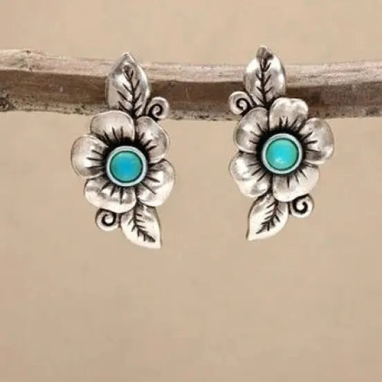 Bohemian Plant Rose Leaf Inlaid Turquoise Earrings - Rizk From Razzak