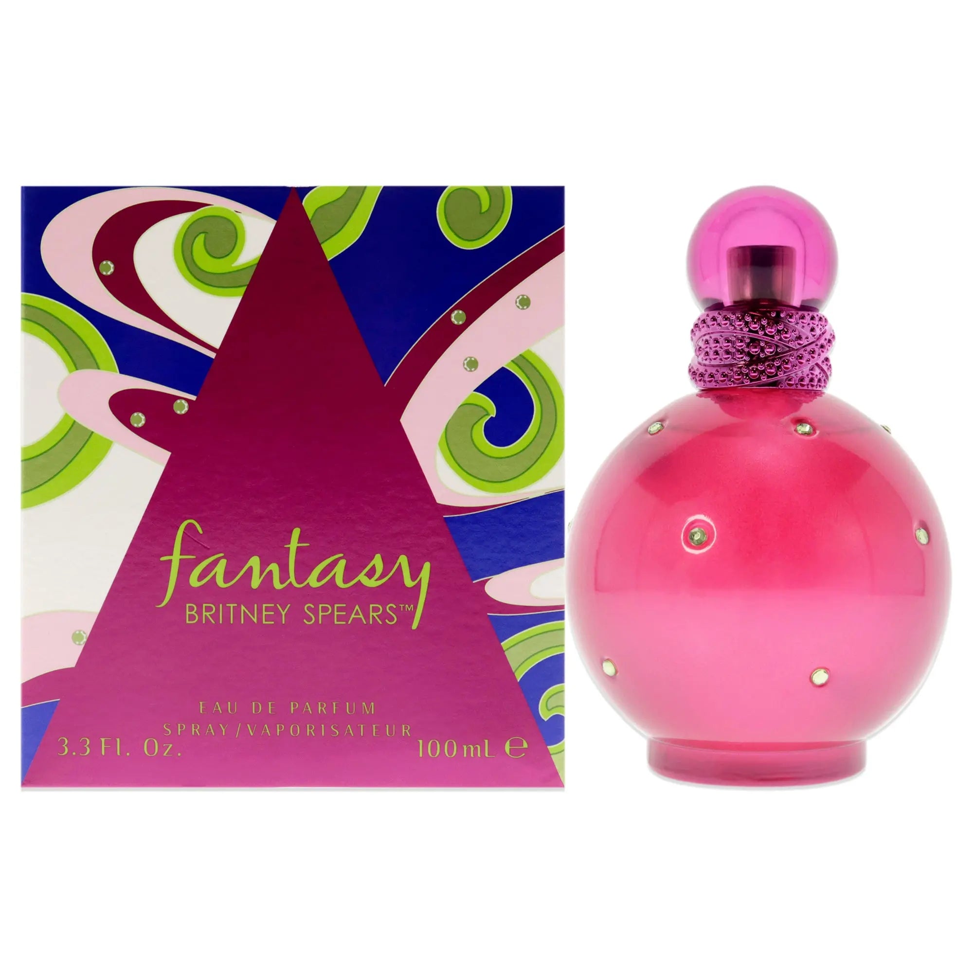 Britney Spears Fantasy Eau de Parfum bottle with a sparkling pink design.
