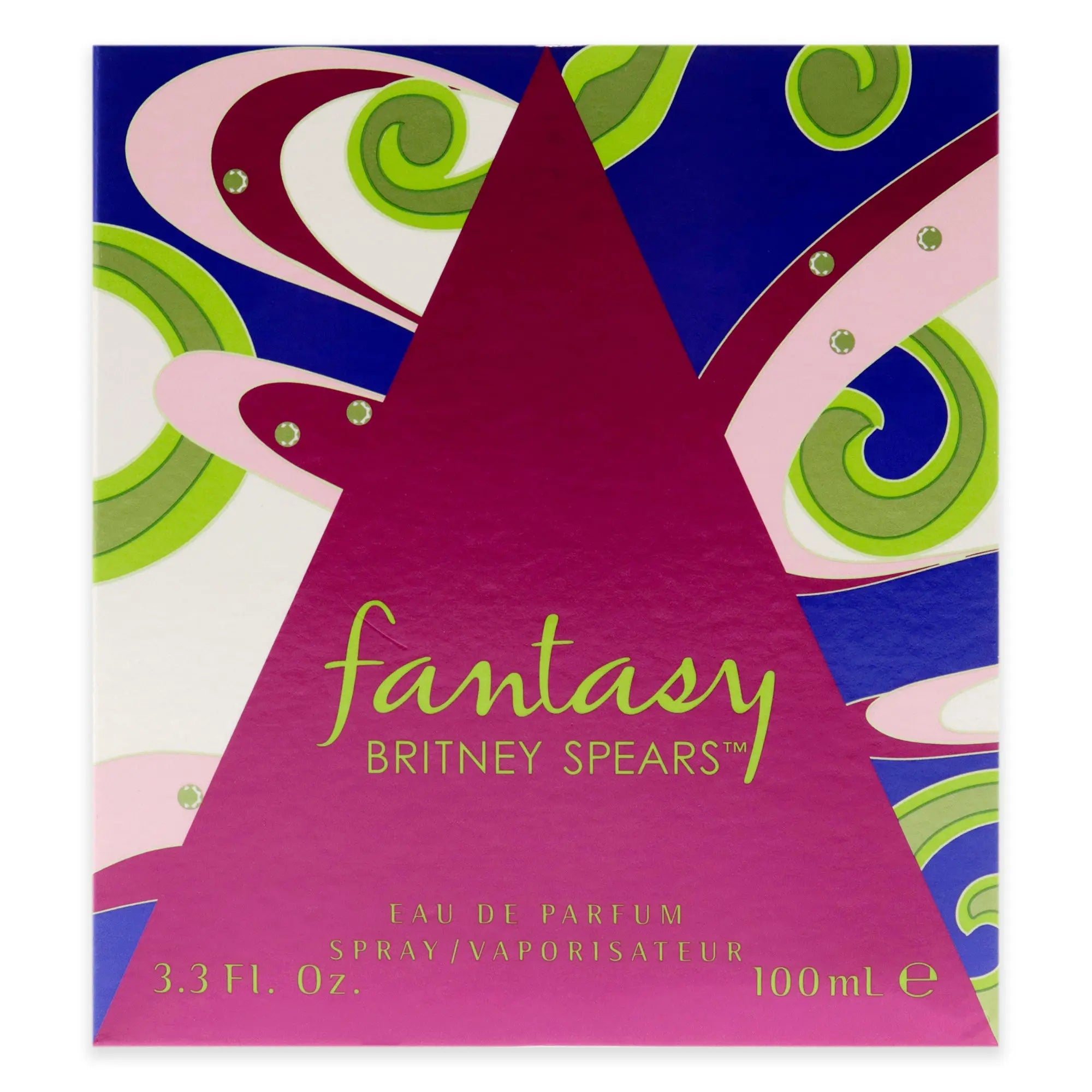 Britney Spears Fantasy perfume with a backdrop of exotic fruits.
