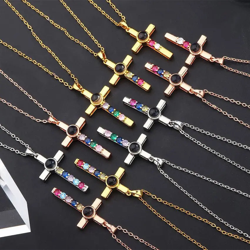 Colorful Diamond Cross Projection In Languages, I Love You Necklace - Rizk From Razzak