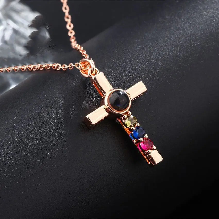 Colorful Diamond Cross Projection In Languages, I Love You Necklace - Rizk From Razzak