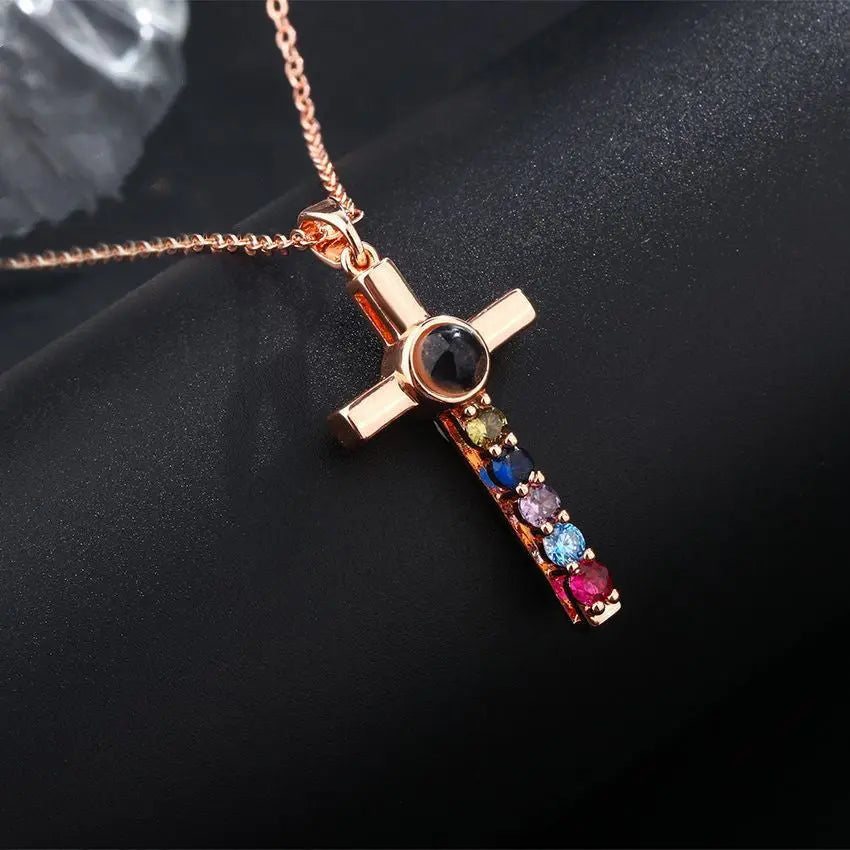 Colorful Diamond Cross Projection In Languages, I Love You Necklace - Rizk From Razzak