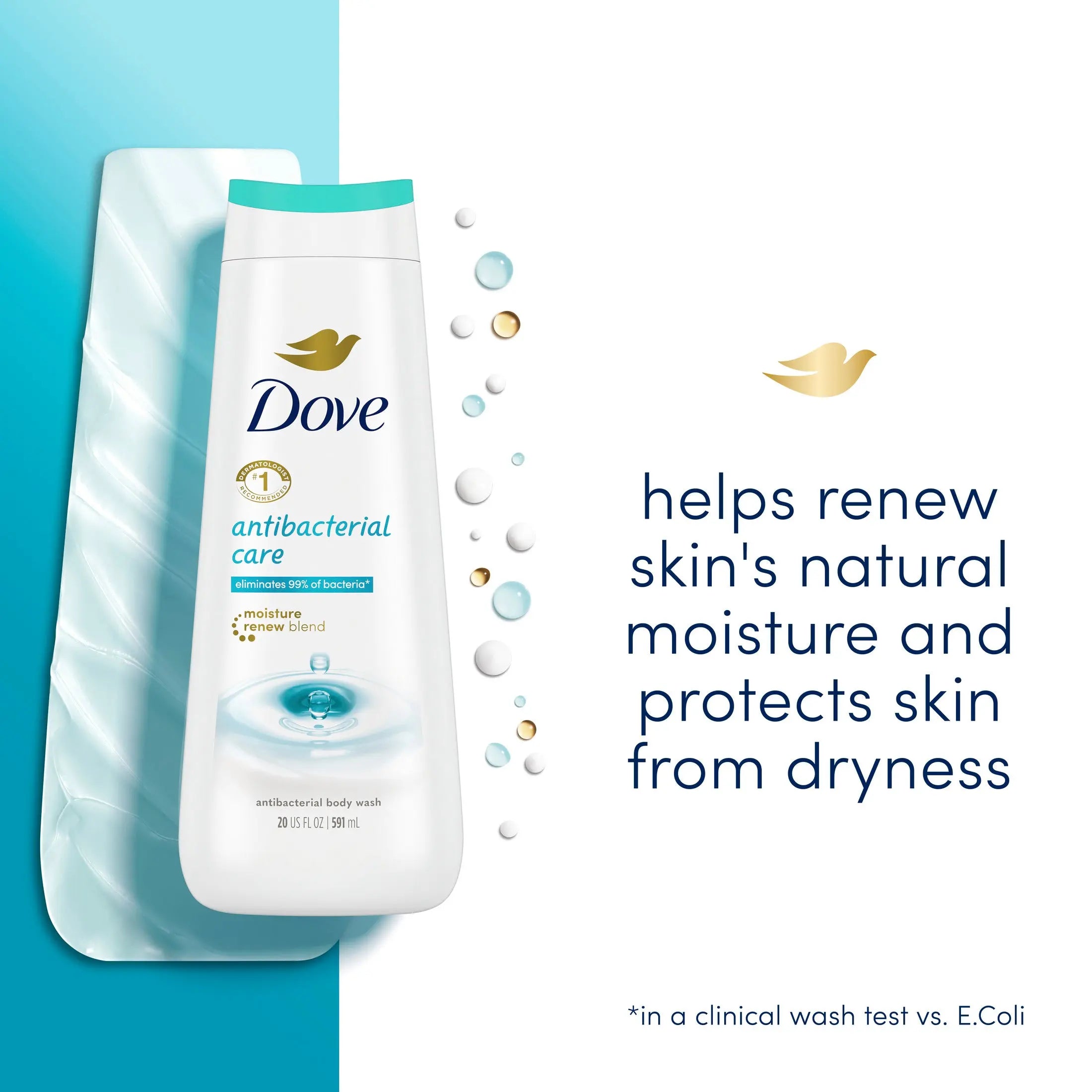 Dove Care & Protect body wash displayed with a creamy lather on a shower pouf
