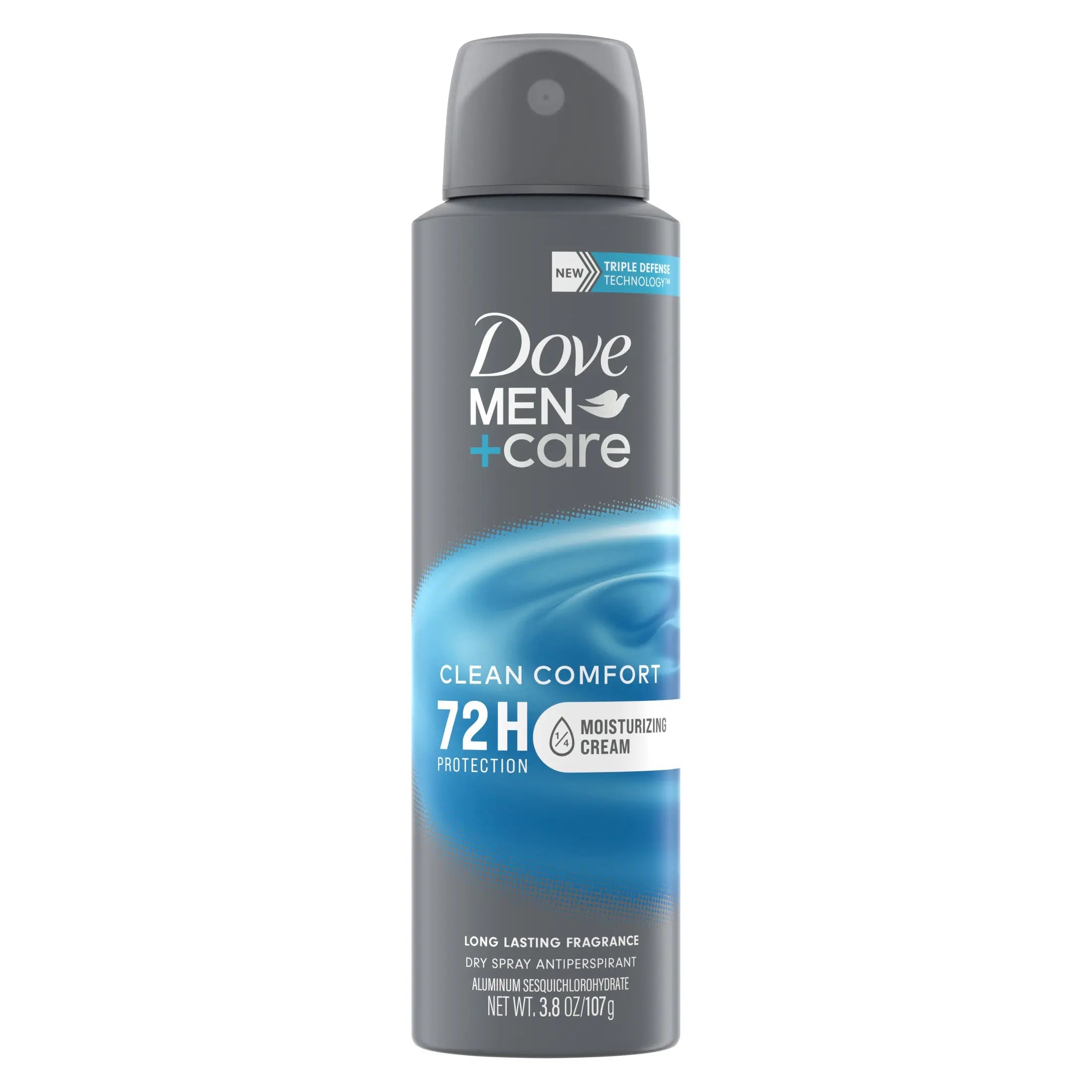 Dove Men+Care Clean Comfort Dry Spray deodorant bottle on a clean white background
