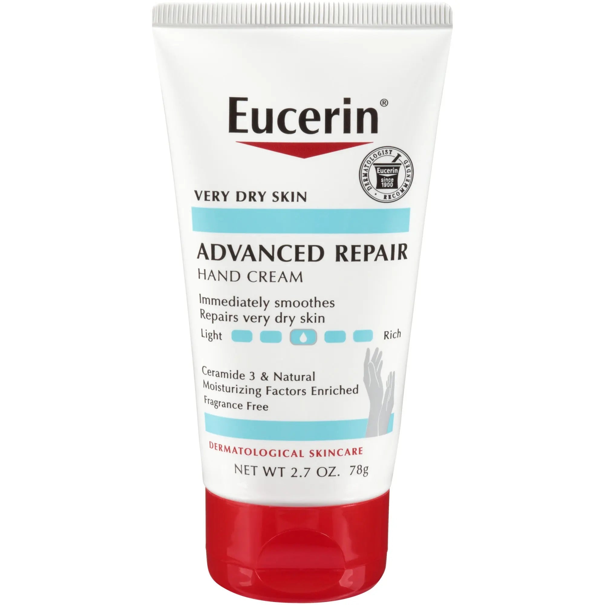 Eucerin Advanced Repair Hand Cream tube on a clean white background
