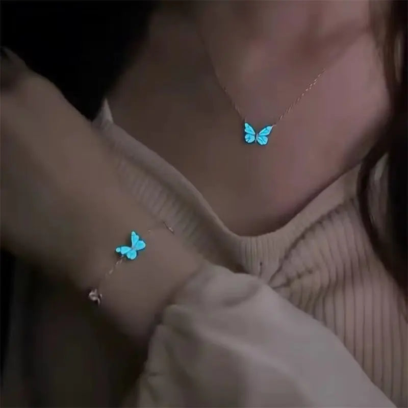 Fashion Blue Luminous Butterfly Necklace Bracelet Set For Glow In The Dark Women Clavicle Chain Choker Party Jewelry Set Gift - Rizk From Razzak