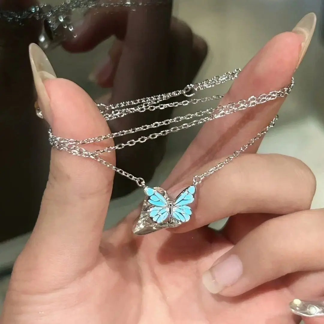 Fashion Blue Luminous Butterfly Necklace Bracelet Set For Glow In The Dark Women Clavicle Chain Choker Party Jewelry Set Gift - Rizk From Razzak