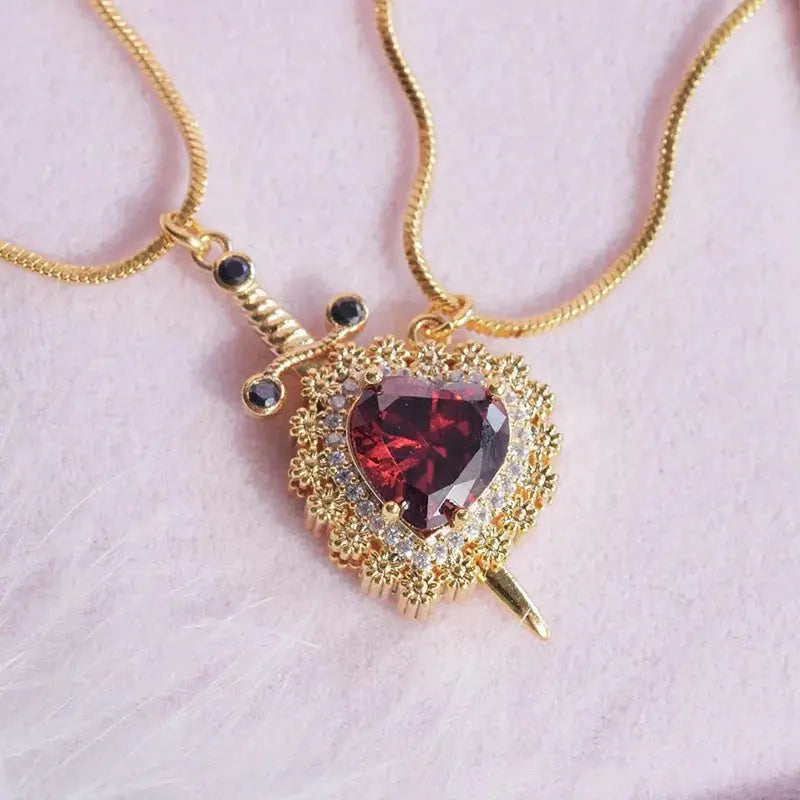 Gothic Punk One Arrow Through The Heart Creative Two Color Couple Necklace Red Rhinestone Heart Dagger Necklace Good Friend Gift Fashion Jewelry - Rizk From Razzak