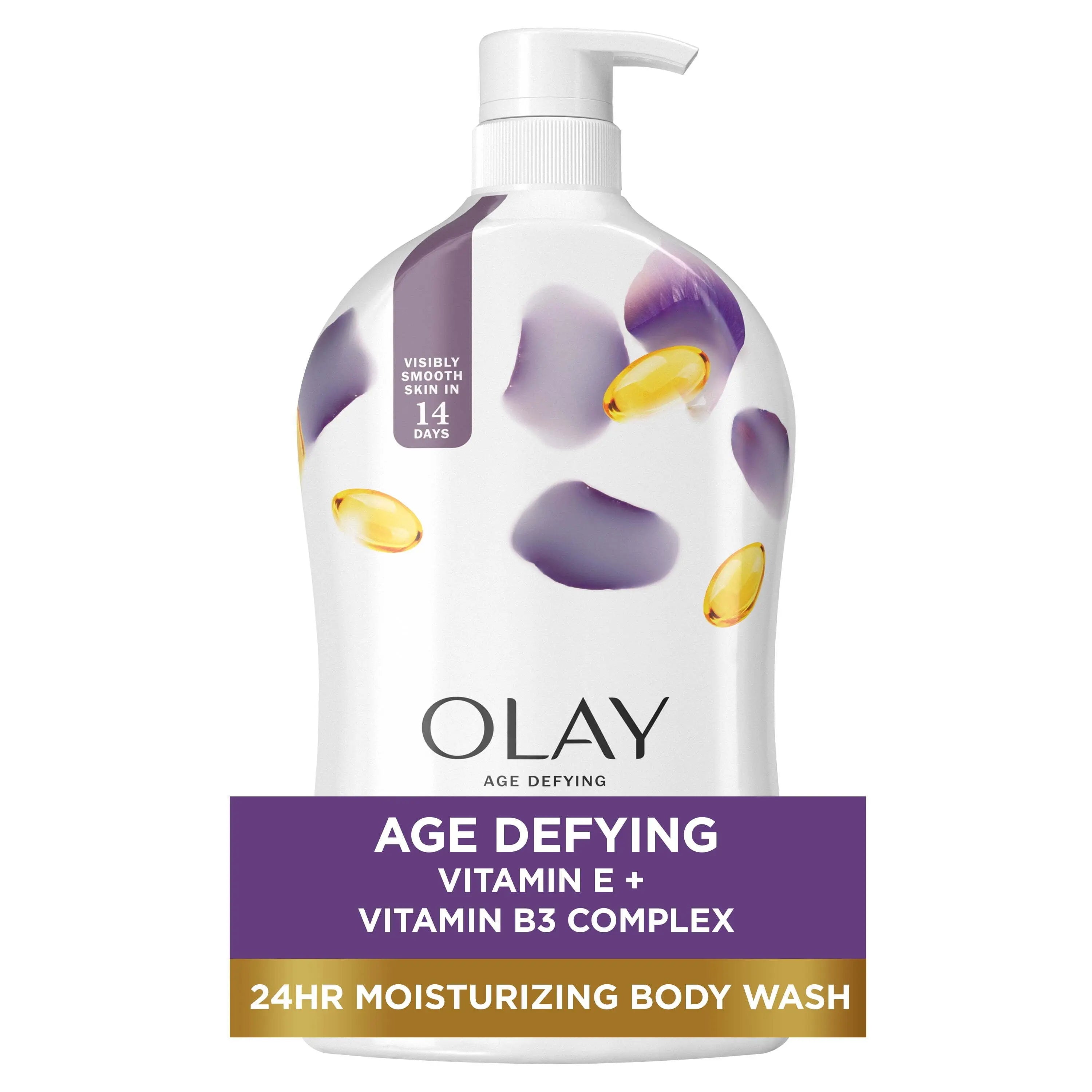 Olay Age Defying Body Wash bottle with Vitamin E and B3 Complex on a white background
