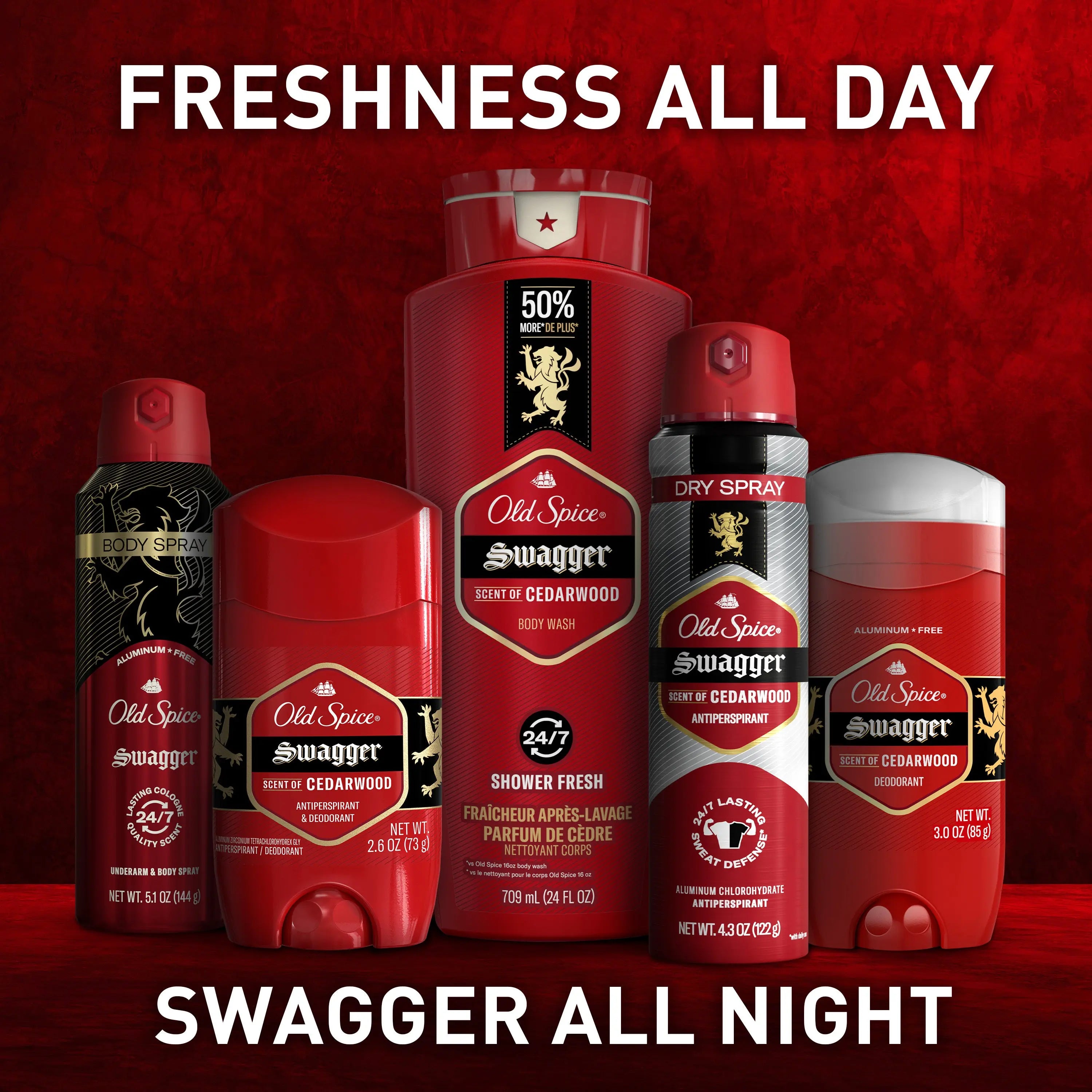 24 fl oz Old Spice Swagger body wash bottle highlighting features
