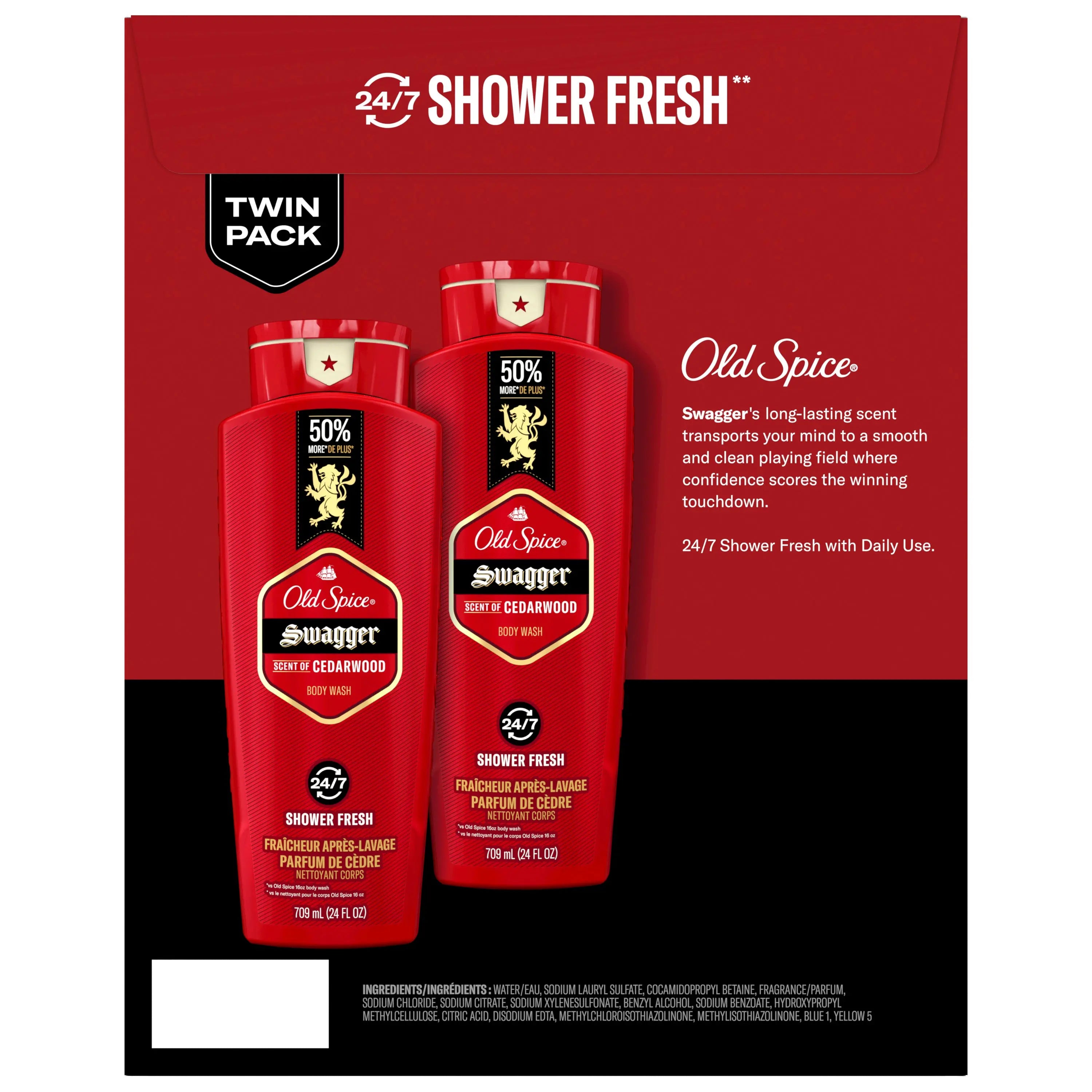 Two bottles of Old Spice Swagger scent body wash on a bathroom shelf