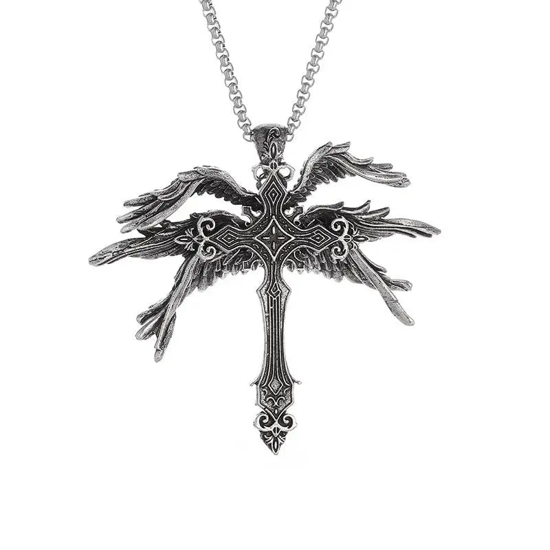 Vintage Silver Six Winged Angel Wings Cross Pendant Necklace - Rizk From Razzak